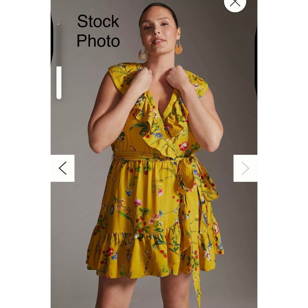 Maeve‎ Anthropologie Yellow Floral Strawberry Ruffle Mini Dress Plus Size 2X NWT